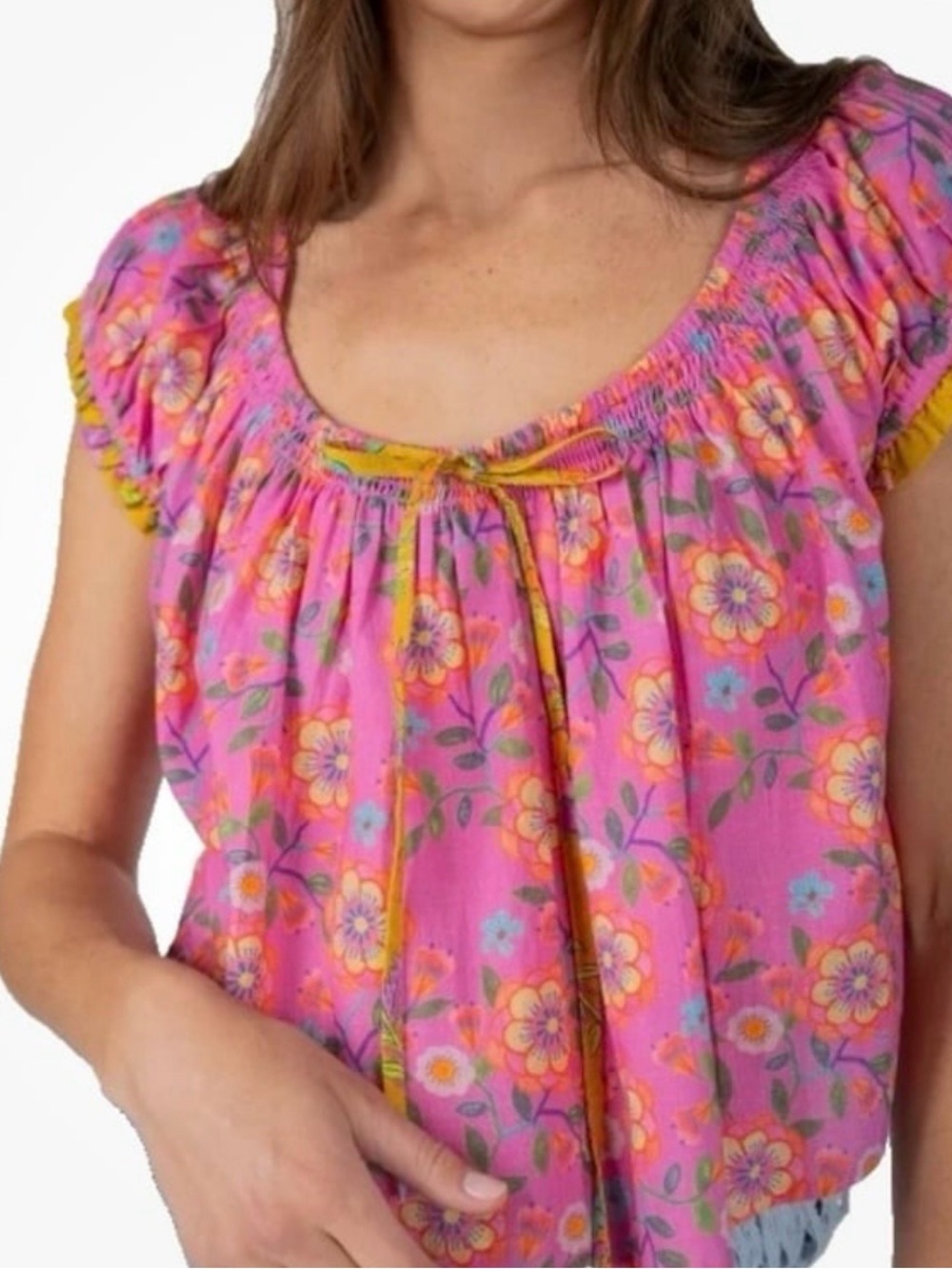NATURAL LIFE Camille Cotton Swing Top in pink painted vines print